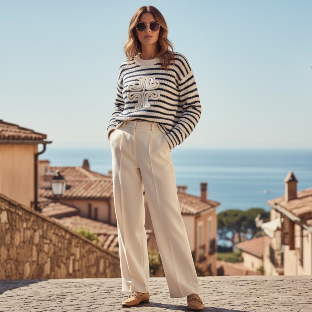 TORY BURCH MERINO STRIPED LOGO SWEATER IN TORY NAVY